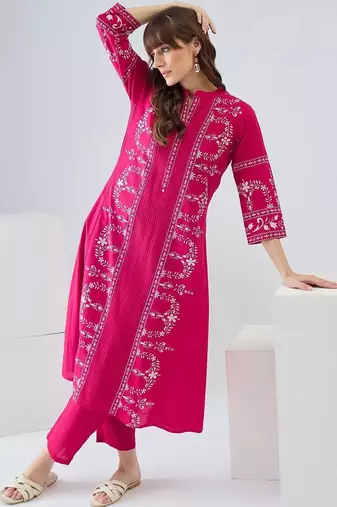 Women Ethnic Motifs Embroidered Regular Thread Work Pure Cotton Kurta with Trousers