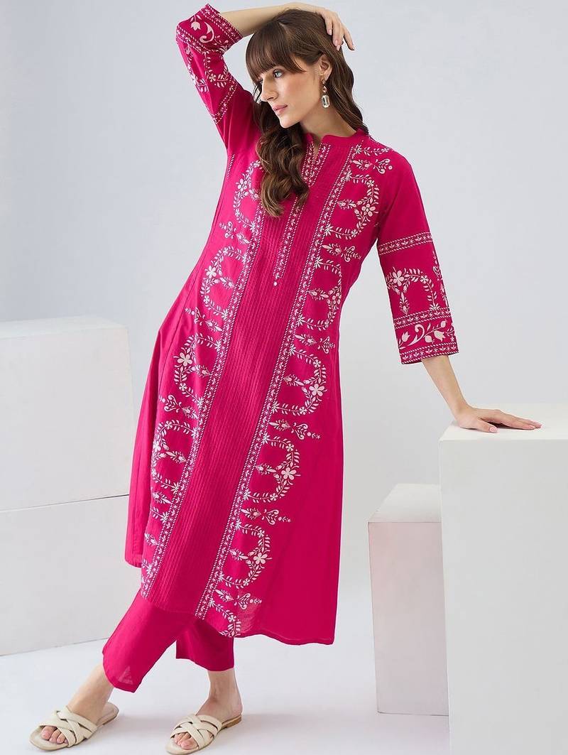 Women Ethnic Motifs Embroidered Regular Thread Work Pure Cotton Kurta with Trousers