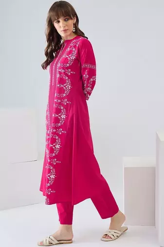 Women Ethnic Motifs Embroidered Regular Thread Work Pure Cotton Kurta with Trousers