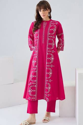 Women Ethnic Motifs Embroidered Regular Thread Work  Cotton Kurta with Trousers