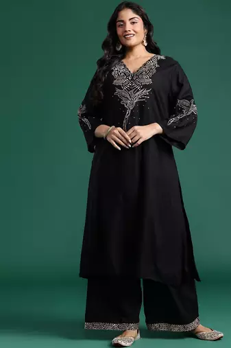 Plus Size Embroidered Regular Kurta with Palazzos