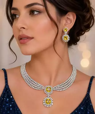 Yellow Crystal Cubic Zirconia Bridal Necklace Earrings Set, Silver-Tone Formal Jewelry 1