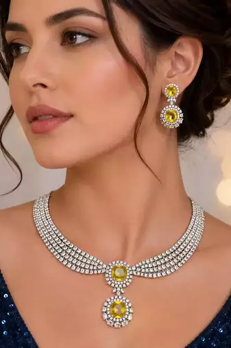 Yellow Crystal Cubic Zirconia Bridal Necklace Earrings Set, Silver-Tone Formal Jewelry