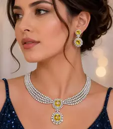 Yellow Crystal Cubic Zirconia Bridal Necklace Earrings Set, Silver-Tone Formal Jewelry