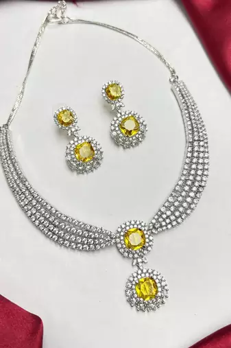 Yellow Crystal Cubic Zirconia Bridal Necklace Earrings Set, Silver-Tone Formal Jewelry