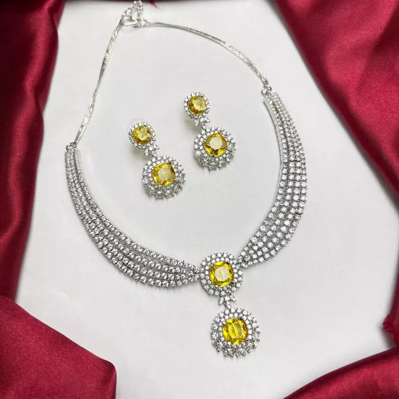 Yellow Crystal Cubic Zirconia Bridal Necklace Earrings Set, Silver-Tone Formal Jewelry