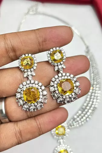 Yellow Crystal Cubic Zirconia Bridal Necklace Earrings Set, Silver-Tone Formal Jewelry