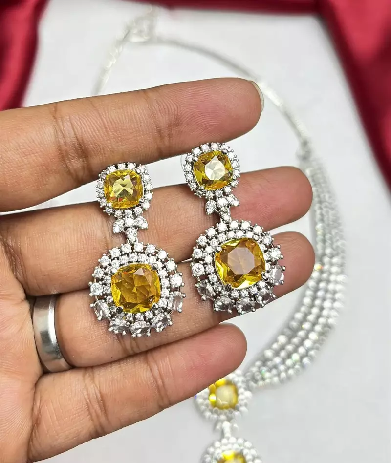 Yellow Crystal Cubic Zirconia Bridal Necklace Earrings Set, Silver-Tone Formal Jewelry