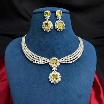 Yellow Crystal Cubic Zirconia Bridal Necklace Earrings Set, Silver-Tone Formal Jewelry 4