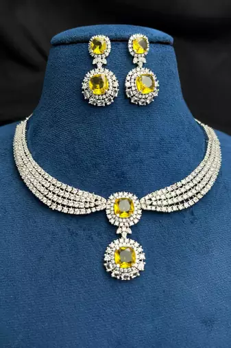 Yellow Crystal Cubic Zirconia Bridal Necklace Earrings Set, Silver-Tone Formal Jewelry
