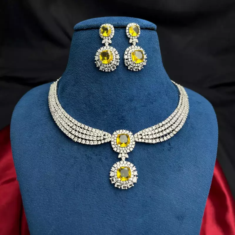 Yellow Crystal Cubic Zirconia Bridal Necklace Earrings Set, Silver-Tone Formal Jewelry