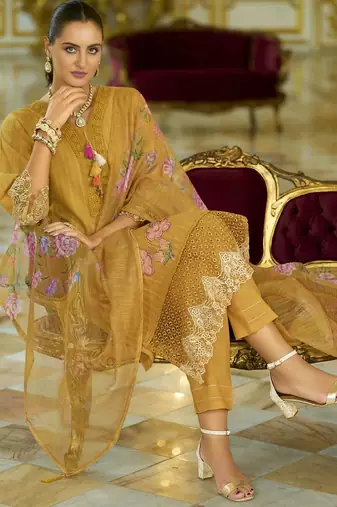 Floral Embroidered V-Neck Thread Work  Cotton Kurta With Trousers And Dupatta