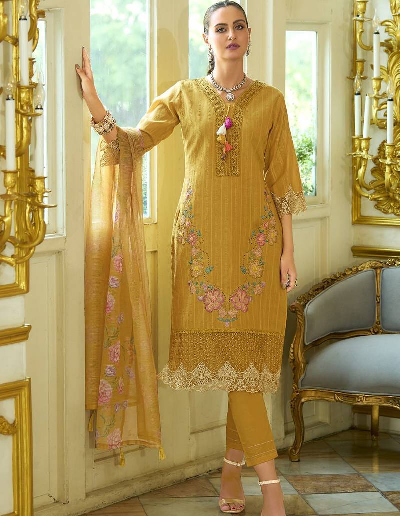 Floral Embroidered V-Neck Thread Work  Cotton Kurta With Trousers And Dupatta