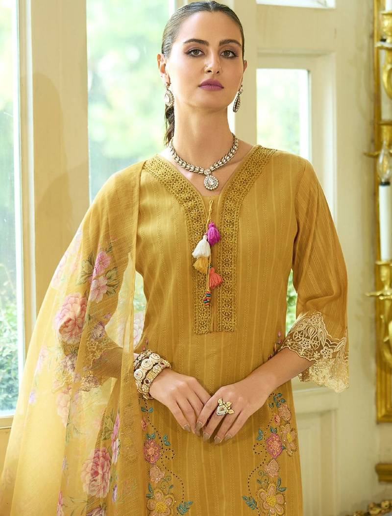 Floral Embroidered V-Neck Thread Work  Cotton Kurta With Trousers And Dupatta