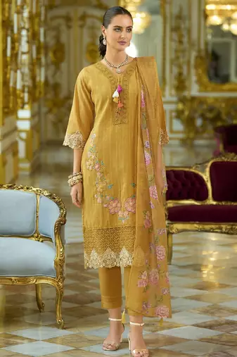 Floral Embroidered V-Neck Thread Work  Cotton Kurta With Trousers And Dupatta
