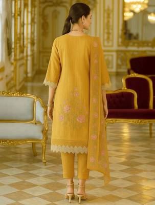 Floral Embroidered V-Neck Thread Work  Cotton Kurta With Trousers And Dupatta 5