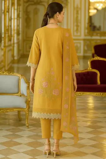 Floral Embroidered V-Neck Thread Work  Cotton Kurta With Trousers And Dupatta