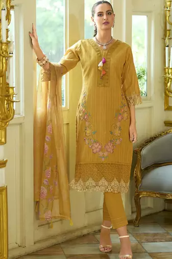 Floral Embroidered V-Neck Thread Work  Cotton Kurta With Trousers And Dupatta