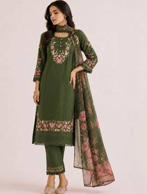 Floral Embroidered Thread Work  Cotton Straight Kurta With Trouser And Dupatta 1