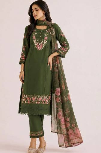 Floral Embroidered Thread Work  Cotton Straight Kurta With Trouser And Dupatta