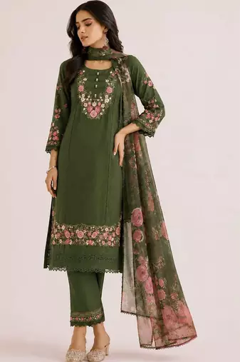 Floral Embroidered Thread Work  Cotton Straight Kurta With Trouser And Dupatta