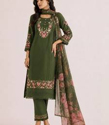 Floral Embroidered Thread Work  Cotton Straight Kurta With Trouser And Dupatta