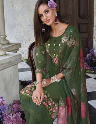 Floral Embroidered Thread Work  Cotton Straight Kurta With Trouser And Dupatta 2