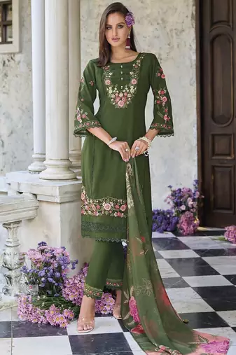 Floral Embroidered Thread Work  Cotton Straight Kurta With Trouser And Dupatta