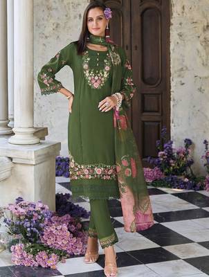 Floral Embroidered Thread Work  Cotton Straight Kurta With Trouser And Dupatta 4