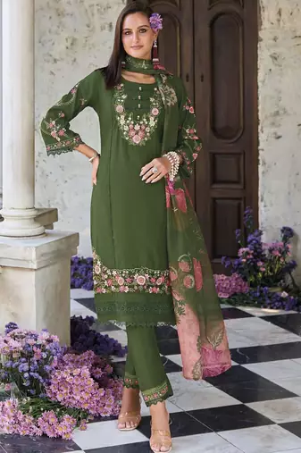 Floral Embroidered Thread Work  Cotton Straight Kurta With Trouser And Dupatta