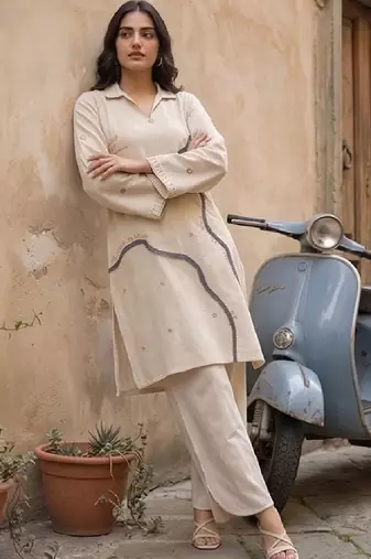 Women Regular Thread Work Kurta with Trousers