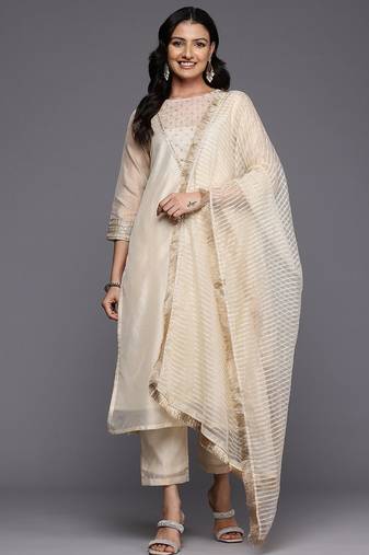 Ethnic Motifs Yoke Design Sequinned Kurta With Trousers & Dupatta