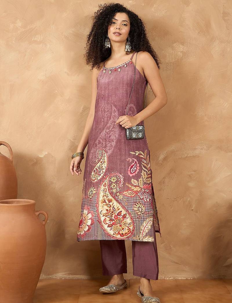 Women Spaghetti Strap Floral Kurta with Trousers