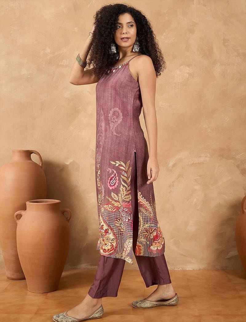 Women Spaghetti Strap Floral Kurta with Trousers