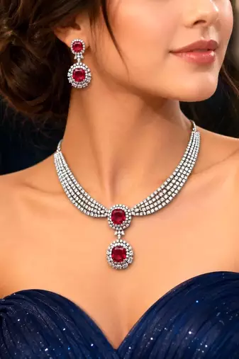 Ruby Red Cubic Zirconia Bridal Jewelry Set, Silver Statement Necklace Earrings