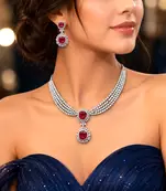 Ruby Red Cubic Zirconia Bridal Jewelry Set, Silver Statement Necklace Earrings