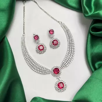 Ruby Red Cubic Zirconia Bridal Jewelry Set, Silver Statement Necklace Earrings 2