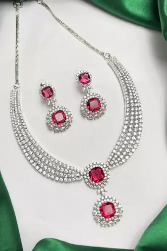 Ruby Red Cubic Zirconia Bridal Jewelry Set, Silver Statement Necklace Earrings