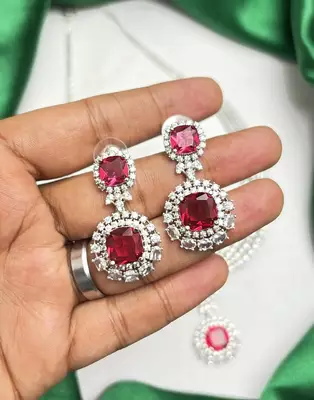 Ruby Red Cubic Zirconia Bridal Jewelry Set, Silver Statement Necklace Earrings 3