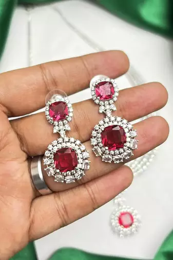 Ruby Red Cubic Zirconia Bridal Jewelry Set, Silver Statement Necklace Earrings