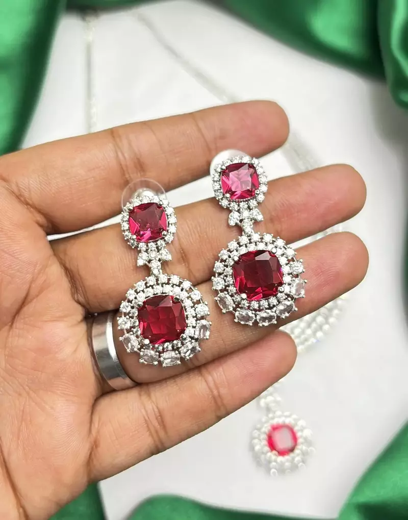 Ruby Red Cubic Zirconia Bridal Jewelry Set, Silver Statement Necklace Earrings