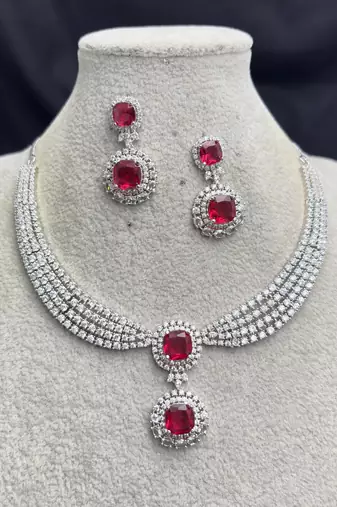 Ruby Red Cubic Zirconia Bridal Jewelry Set, Silver Statement Necklace Earrings