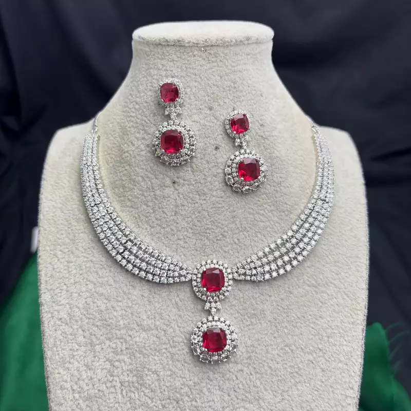 Ruby Red Cubic Zirconia Bridal Jewelry Set, Silver Statement Necklace Earrings