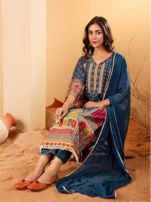 Ethnic Motifs Printed Sequnnied Chanderi Silk Kurta With Trousers And Dupatta 1