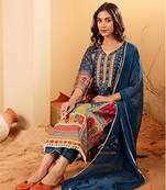 Ethnic Motifs Printed Sequnnied Chanderi Silk Kurta With Trousers And Dupatta