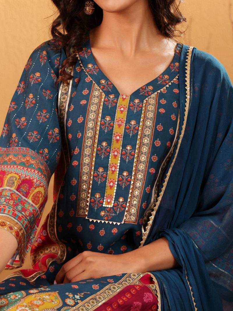 Ethnic Motifs Printed Sequnnied Chanderi Silk Kurta With Trousers And Dupatta