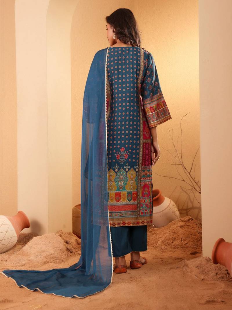 Ethnic Motifs Printed Sequnnied Chanderi Silk Kurta With Trousers And Dupatta