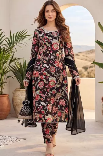 Women Floral Printed Regular Thread Work Pure Cotton Kurta with Trousers & With Dupatta