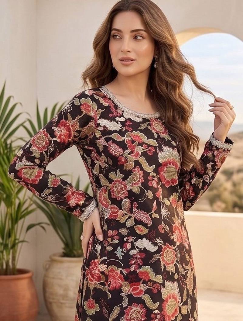 Women Floral Printed Regular Thread Work Pure Cotton Kurta with Trousers & With Dupatta