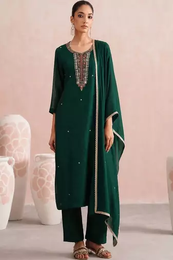 Women Ethnic Motifs Embroidered Regular Thread Work Kurta with Trousers & With Dupatta